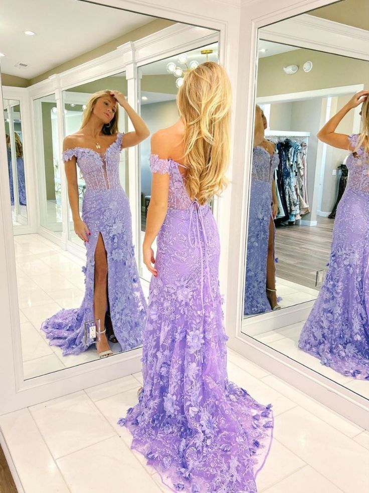 Off The Shoulder Floral Lace Long Prom Dress With Split fg6976