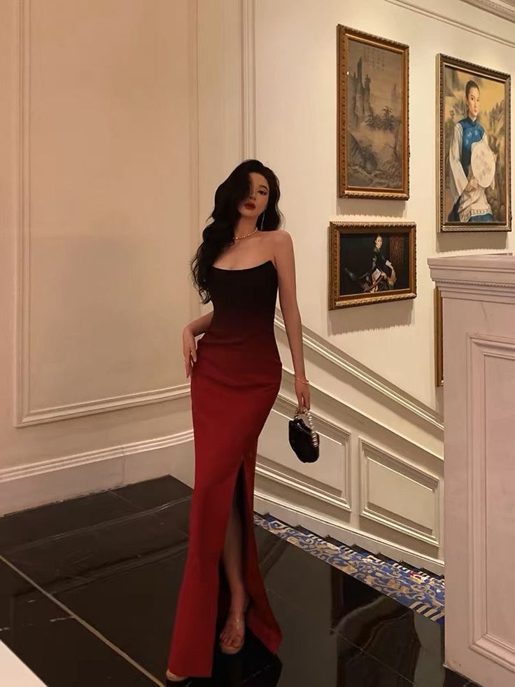 Sexy Mermaid Strapless Ombre Burgundy Satin Slit Long Prom Dresses Birthday Outfits fg7027