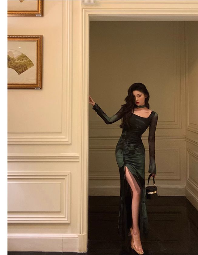 Chic Sheath Square Neckline Long Sleeves Green Long Prom Dresses Birthday Dress fg7033