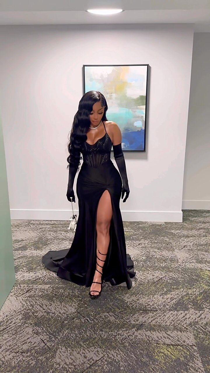 Black Evening Dress Long Prom Dress With Gloves fg6982