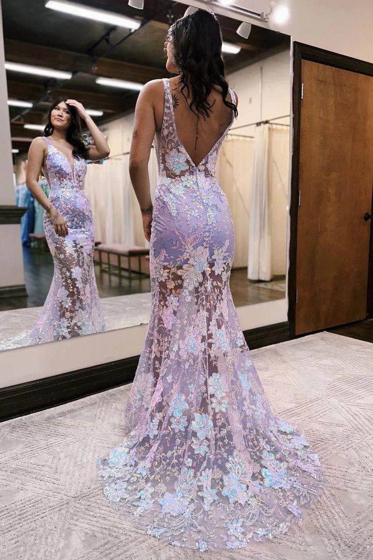 Charming Deep V-Neck Lace Appliques Mermaid Sleeveless Prom Formal Dress fg6977