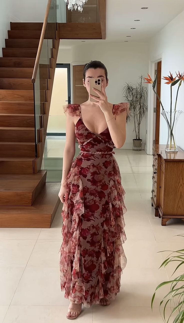 Vintage Chiffon Print Irregular Ruffles Long Prom Dress A Line Evening Party Dress fg7034