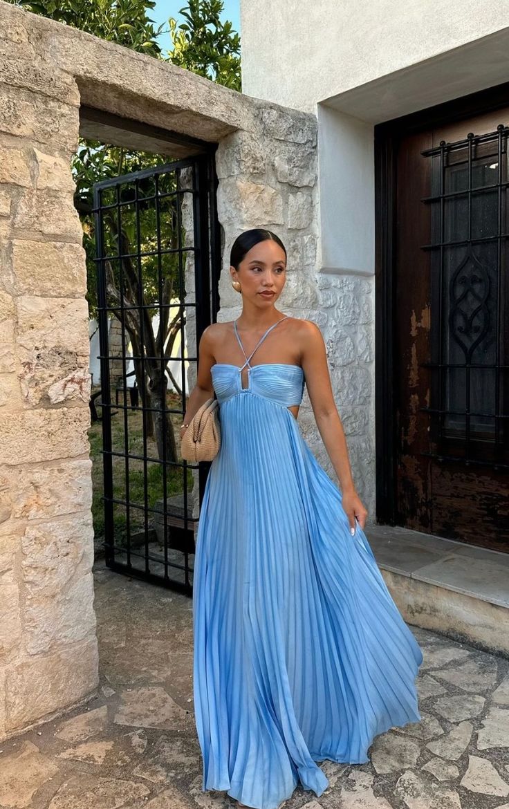 Simple Blue Sleeveless A-line Chiffon Long Evening Prom Dresses fg7203