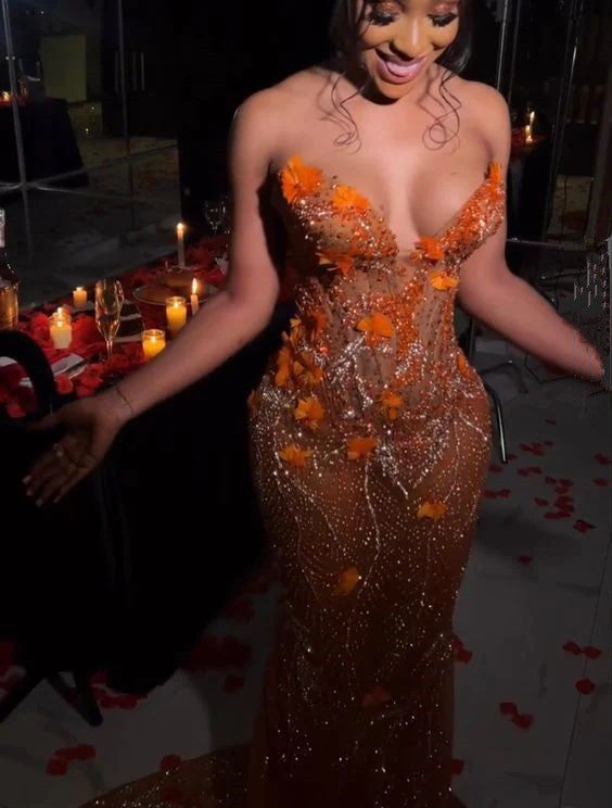 Gorgeous Orange Beaded Applique Mermaid Evening Dress Long Prom Dress fg6981