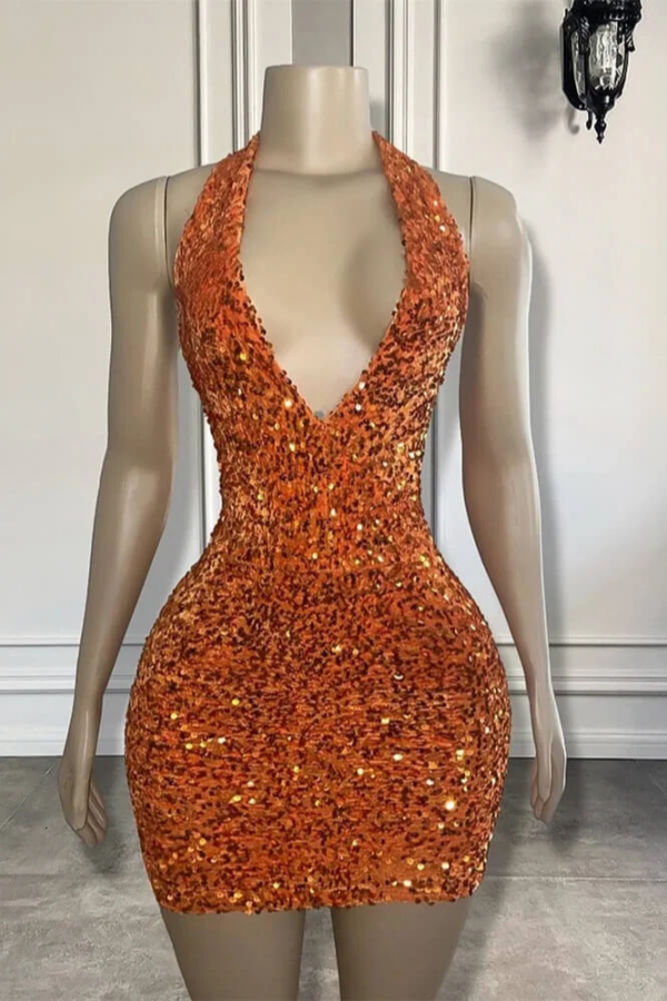 Charming Halter V-neck Backless Sequins Sparkly Homecoming Dress fg6197