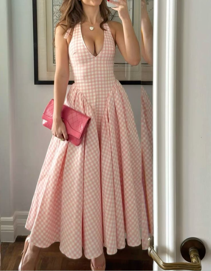 A Line Halter Sleeveless Plaid dress Evening Party Gowns fg7423