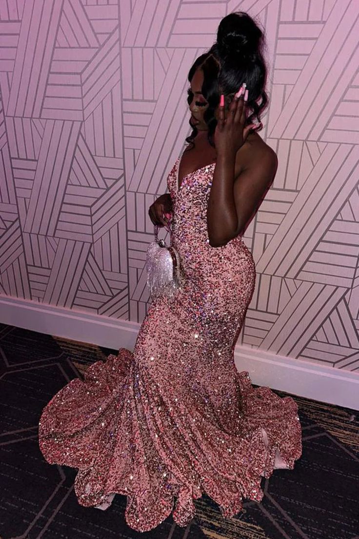 Mermaid Strapless Pink Sequins Long Prom Dress fg6960