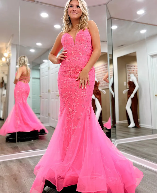 Mermaid Spaghetti Straps Hot Pink Long Prom Dress Lace Formal Dress fg6321