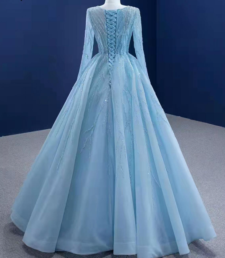 Tulle A Line Elegant Light Blue Evening Dress New O Neck Sequined Lace Formal Prom Gowns fg6464