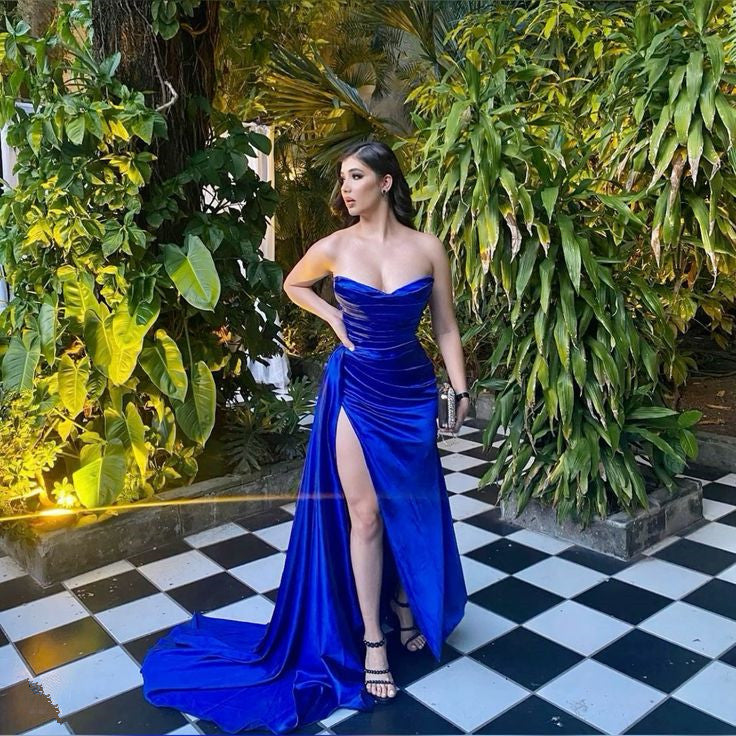 Royal Blue Strapless Long Prom Dress With Slit fg6717