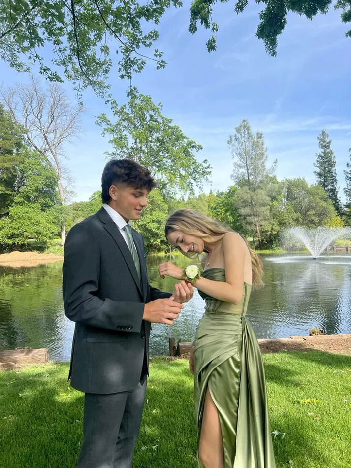 Strapless Green Satin Long Prom Dress With Slit fg6646