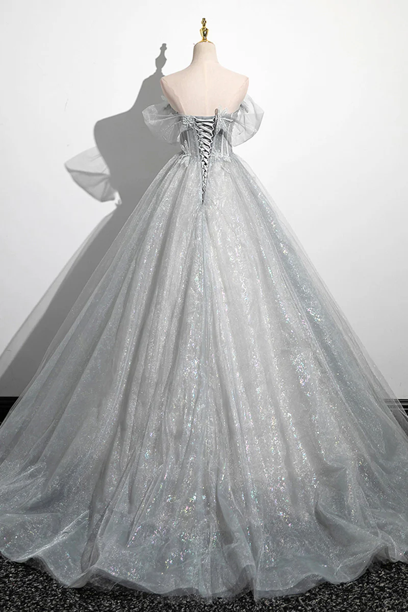 Gray A-Line Off the Shoulder Tulle Prom Dress, Lovely Corset Floor Length Party Dress fg6478