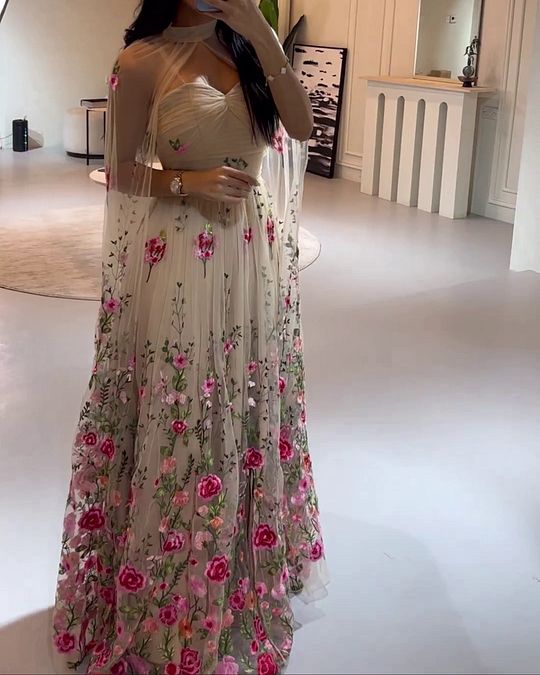 A-line Tulle Floral Long Prom Dress Unique Evening Dress fg6967