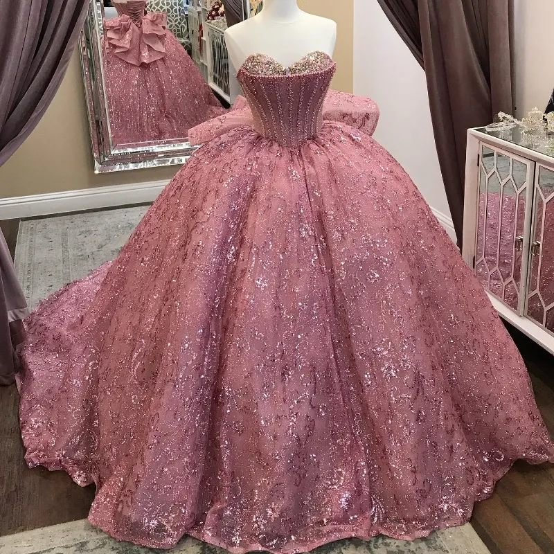 Pink Sequined Ball Gown Quinceanera Off The Shoulder Corset Lace Beads Crystal Sweet 16 Dress fg6633