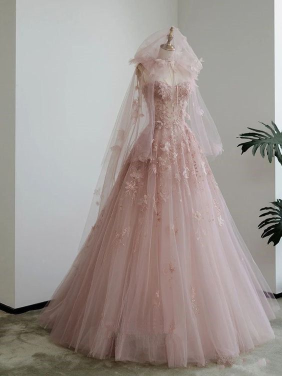 A line Spaghetti Straps Pink Tulle Prom Dresses for Teens fg6964