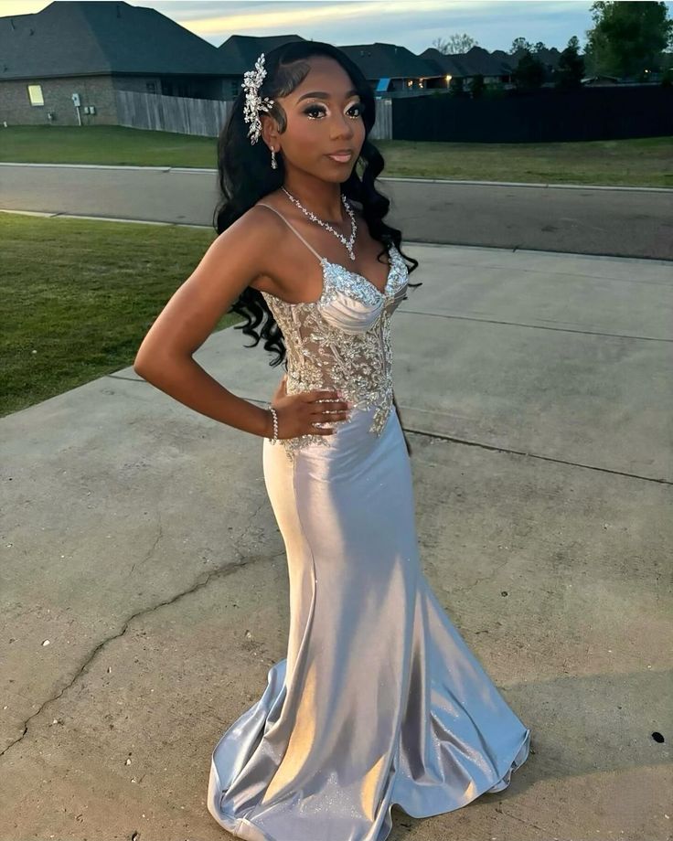 Satin Evening Dress, Silver Prom Dresses, V Neck Mermaid Spaghetti Straps Floor Length Dress fg6965