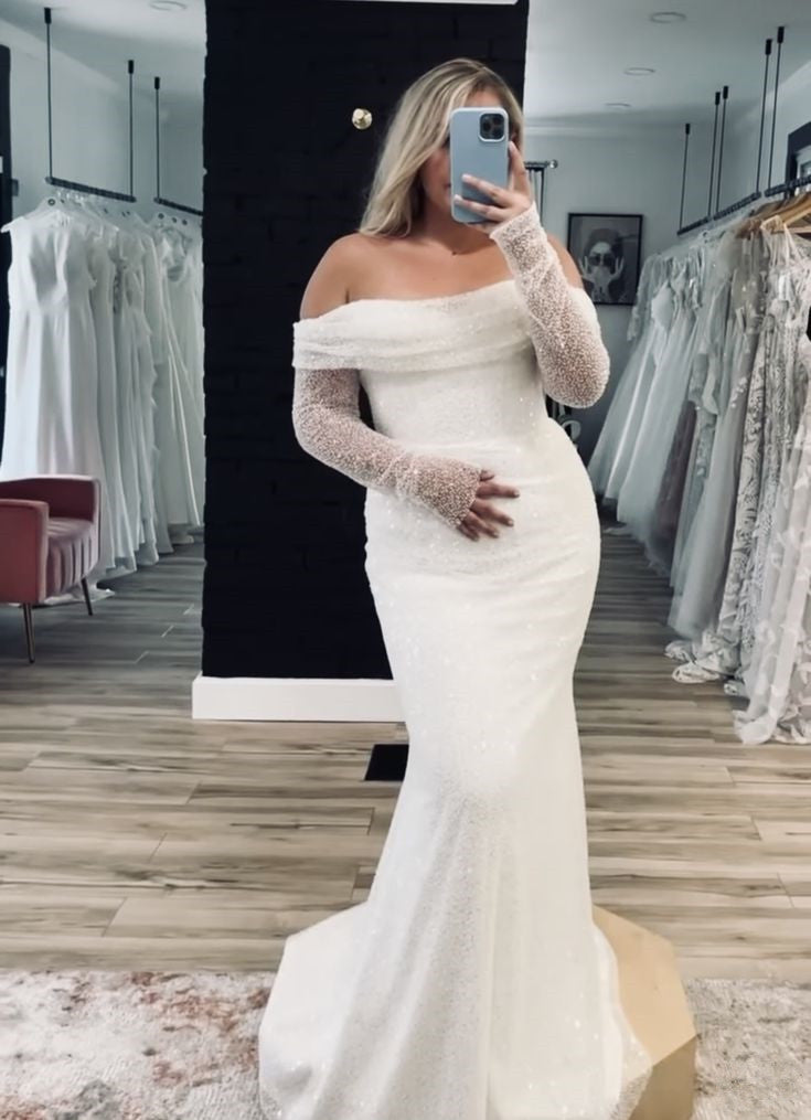 Glitter Tulle Off-Shoulder Long Sleeve Wedding Dress fg6932