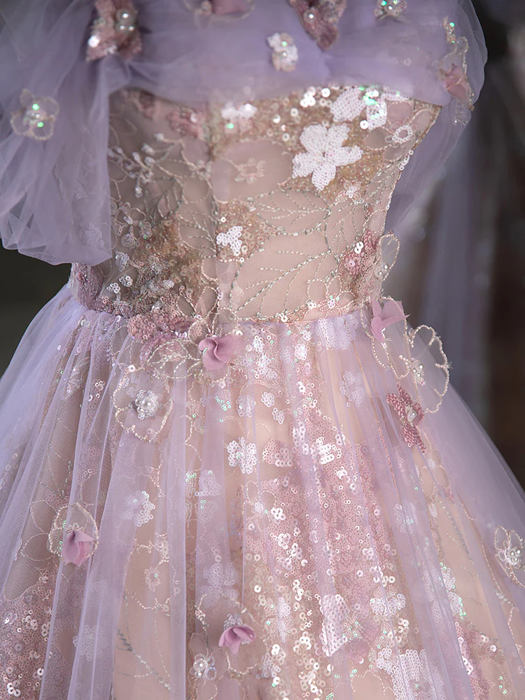 A-Line Off Shoulder Tulle Lace Purple Long Prom Dress, Purple Formal Dress fg6578