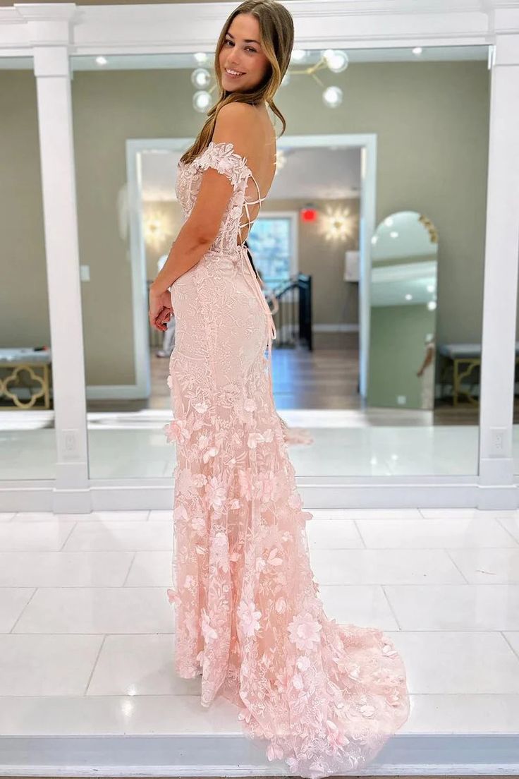 Off The Shoulder Floral Lace Long Prom Dress With Split fg6976