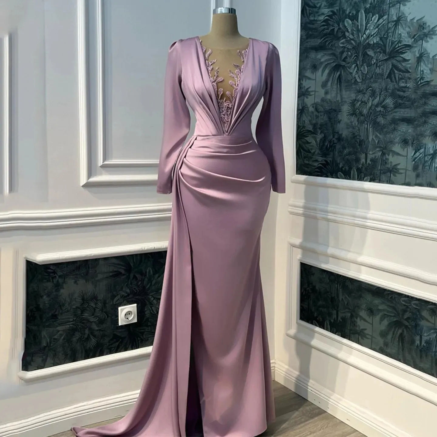 Vintage Prom Dresses Long Sleeve Illusion V-neck Mermaid Evening Dress Floor Length Saudi Arabia Cocktail Party Gowns fg6555