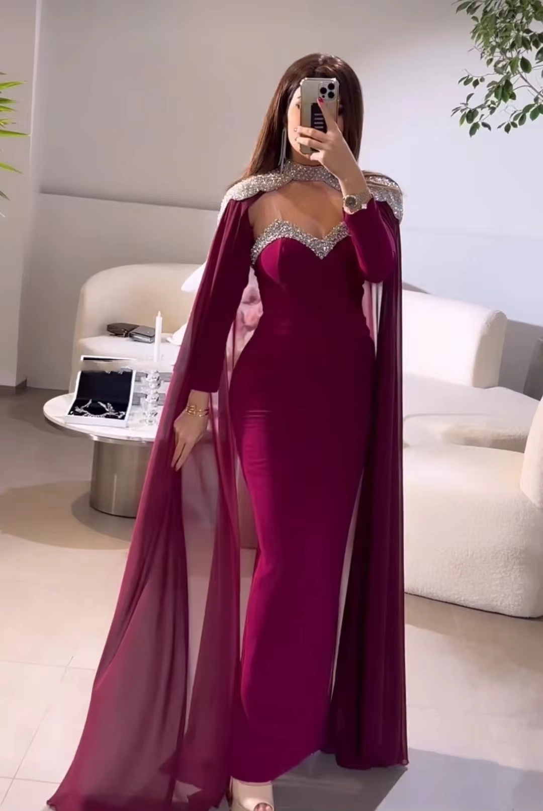 Elegant Middle East Prom Dresses with Chiffon Cape Spaghetti Straps Long Sleeve Evening Gowns Formal Occasion Party Dress fg6411