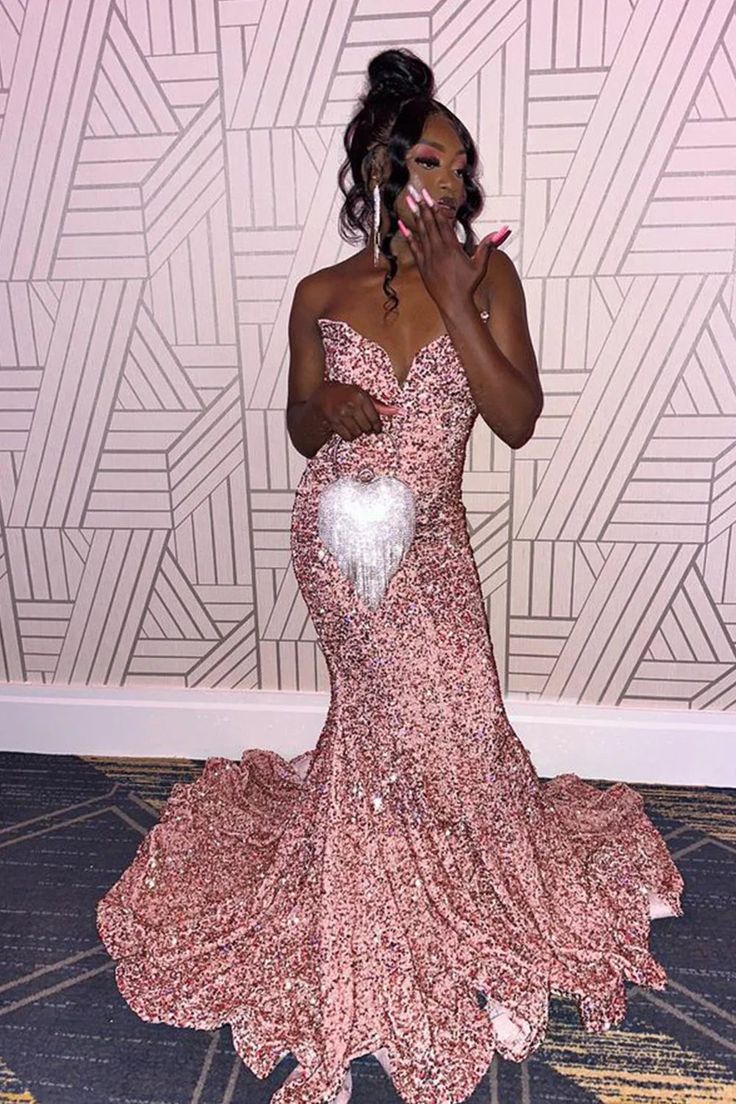 Mermaid Strapless Pink Sequins Long Prom Dress fg6960