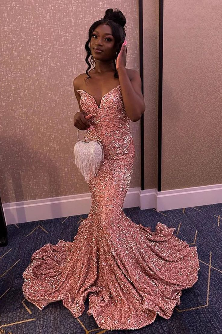 Mermaid Strapless Pink Sequins Long Prom Dress fg6960