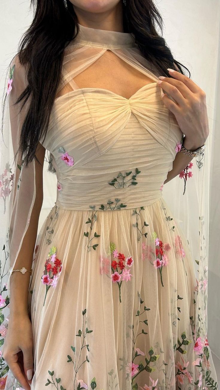 A-line Tulle Floral Long Prom Dress Unique Evening Dress fg6967