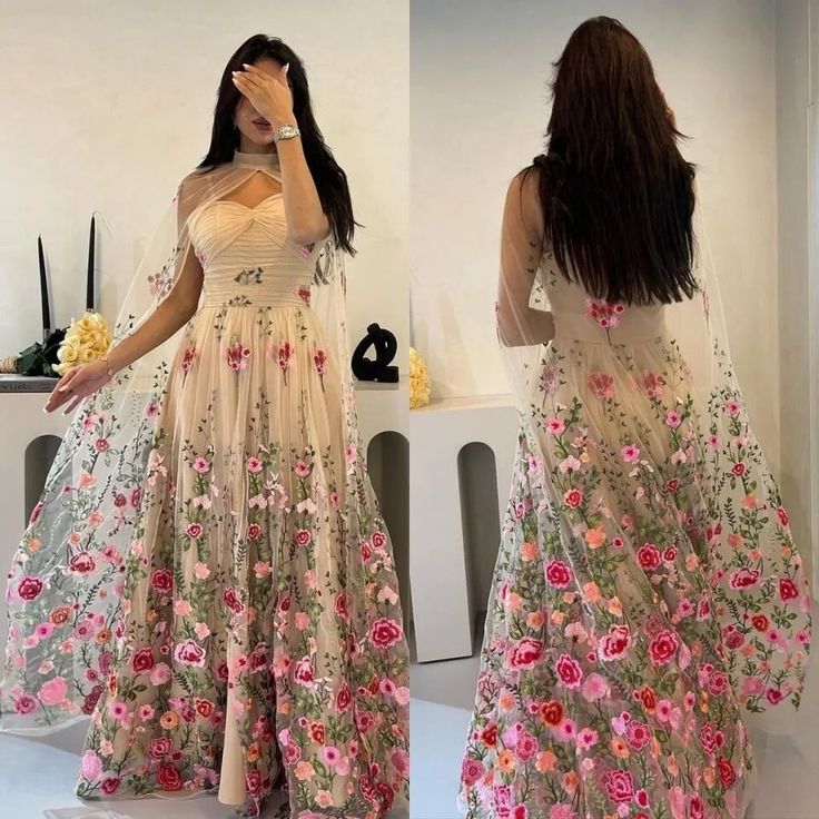 A-line Tulle Floral Long Prom Dress Unique Evening Dress fg6967