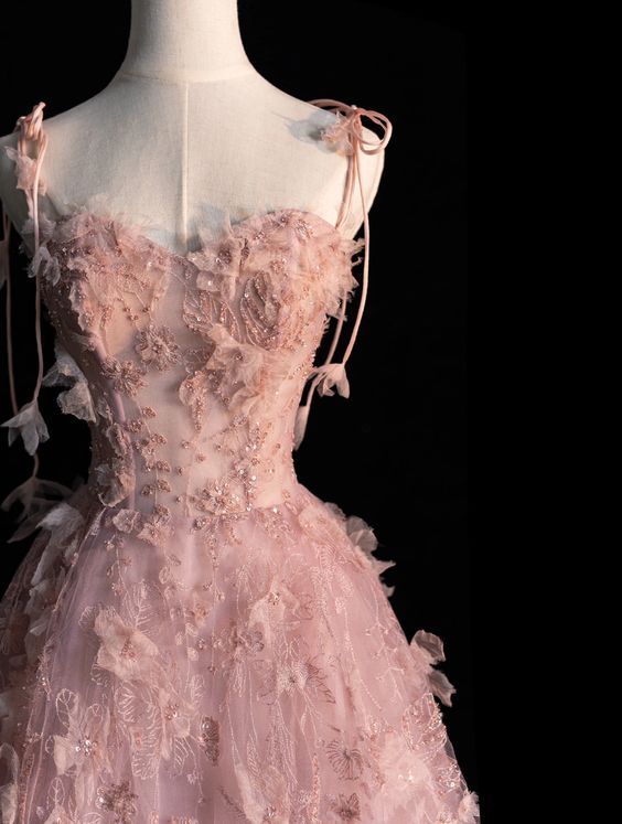 A line Spaghetti Straps Pink Tulle Prom Dresses for Teens fg6964