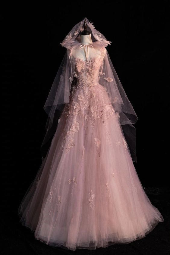 A line Spaghetti Straps Pink Tulle Prom Dresses for Teens fg6964