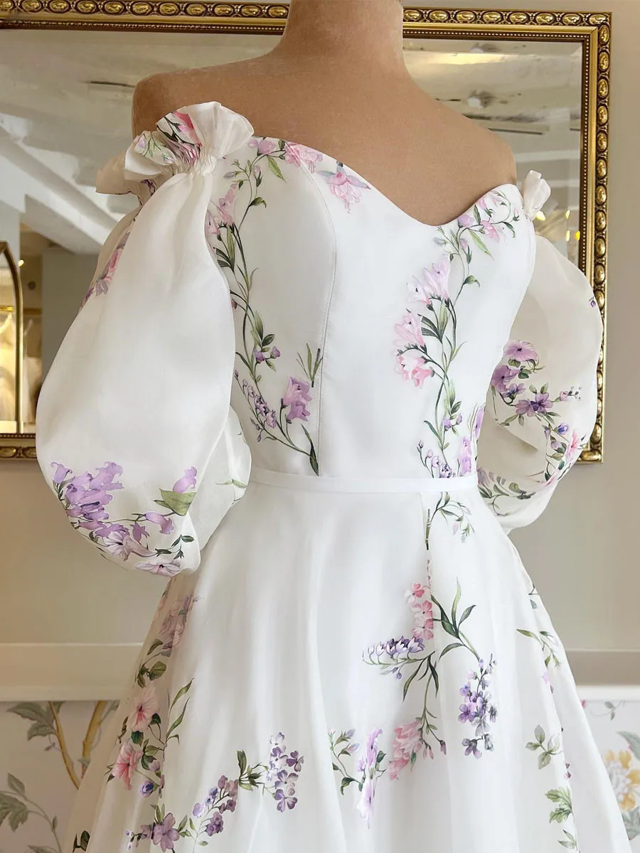 Women's Floral Print Wedding Dresses, Off-the-Shoulder Bridal Gowns, Beach Sweep Train Bridal Gown fg8066