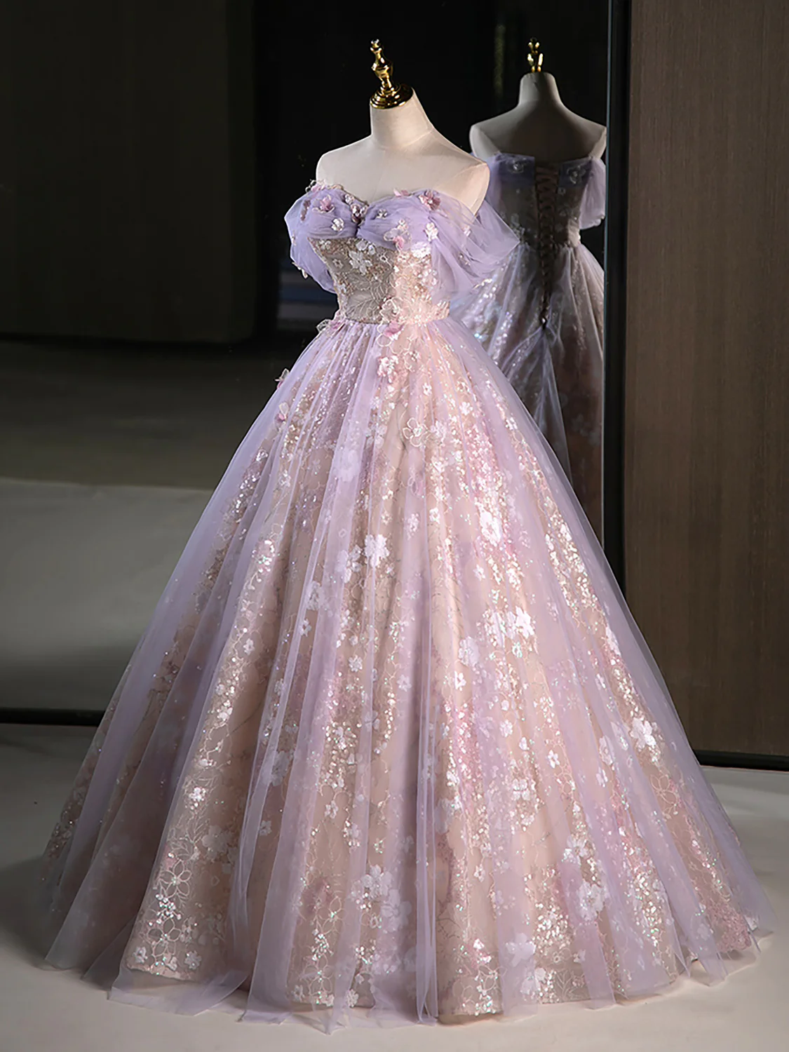 A-Line Off Shoulder Tulle Lace Purple Long Prom Dress, Purple Formal Dress fg6578