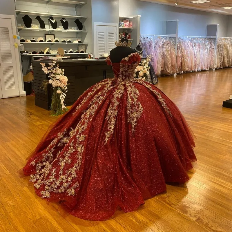 Dark Red Sequins Quinceanera Dresses 2024, Lace Up Ball Gown Prom Gowns fg6290
