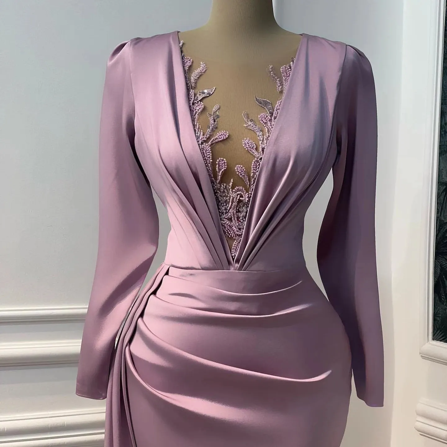 Vintage Prom Dresses Long Sleeve Illusion V-neck Mermaid Evening Dress Floor Length Saudi Arabia Cocktail Party Gowns fg6555