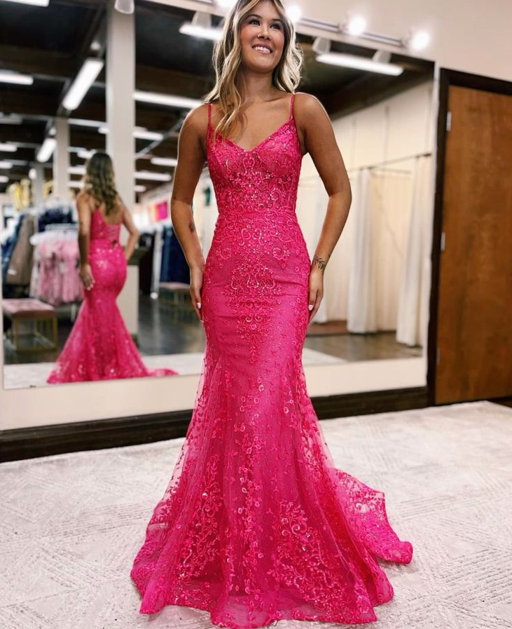 MERMAID EVENING DRESS WITH DEEP V NECKLINE AND SPAGHETTI STRAPS fg6304