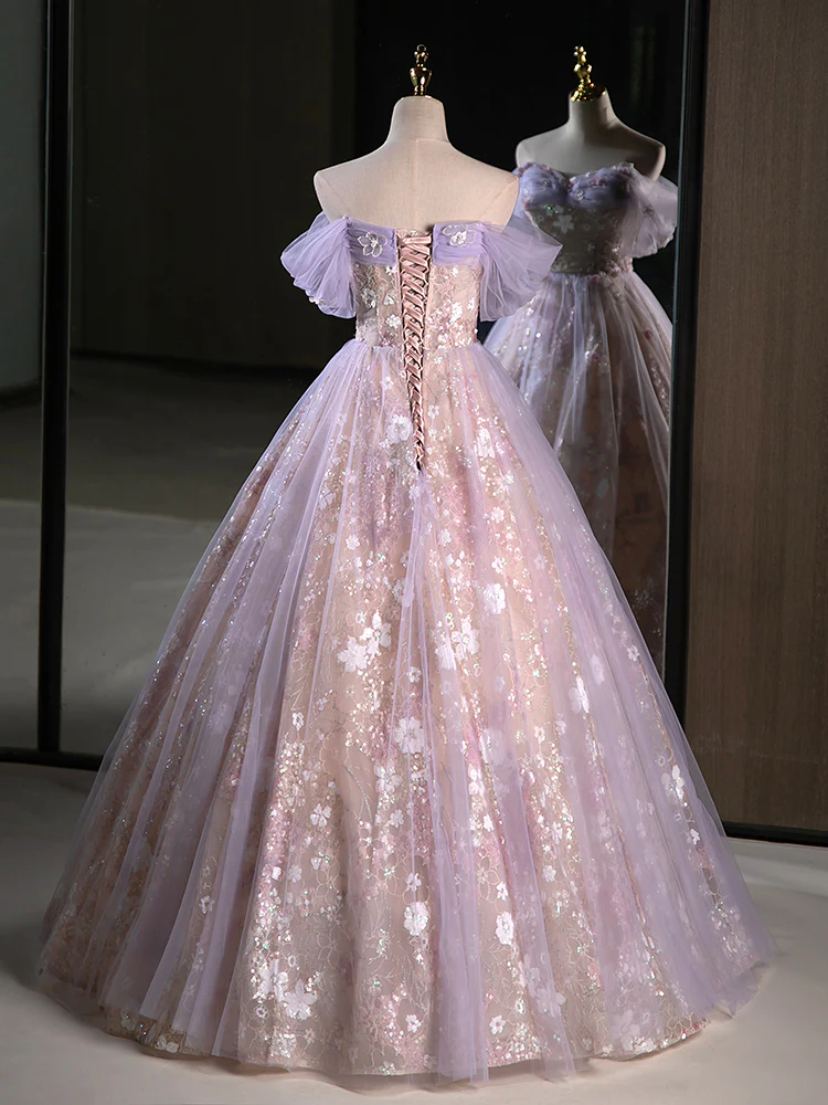 A-Line Off Shoulder Tulle Lace Purple Long Prom Dress, Purple Formal Dress fg6578