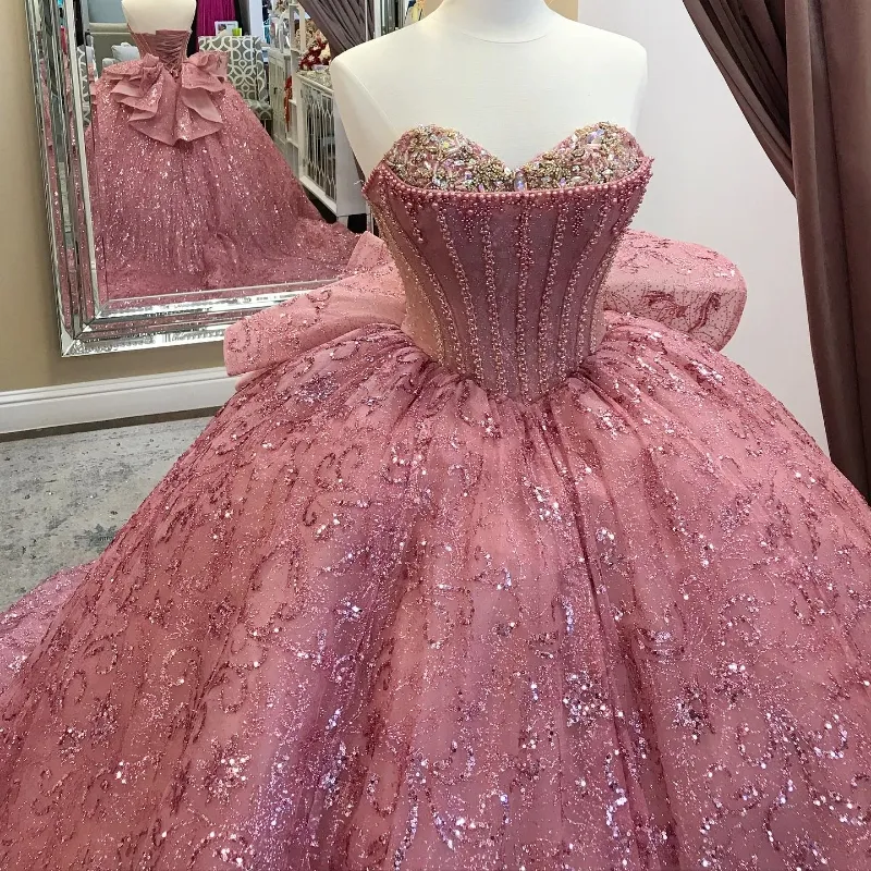 Pink Sequined Ball Gown Quinceanera Off The Shoulder Corset Lace Beads Crystal Sweet 16 Dress fg6633