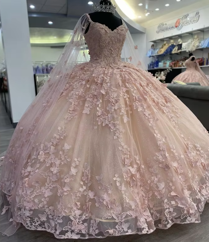 A Line Light Pink Tulle Prom Dress Puffy Quinceanera Dresses Ball Gown fg3965