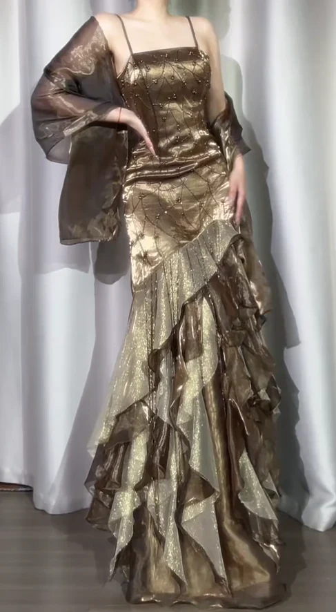 Gorgeous Sheath Long Prom Dress Spaghetti Straps Birthday Dress Beaded Satin Formal Dresses fg8531