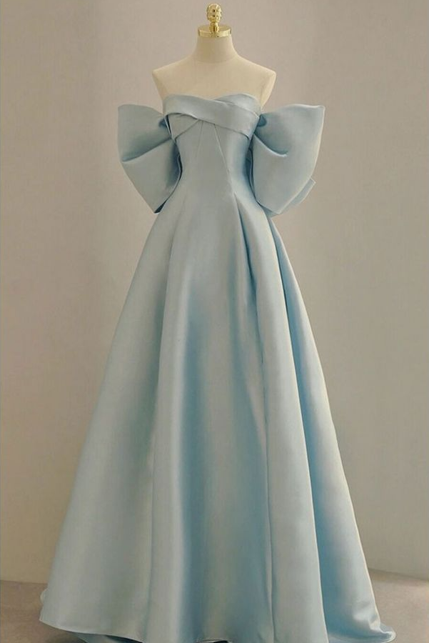 Sky Blue Long Satin Prom Dress With Big Bow In Back fg7997