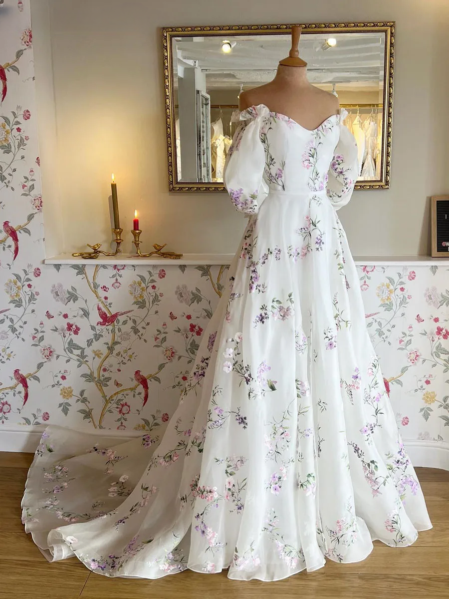 Women's Floral Print Wedding Dresses, Off-the-Shoulder Bridal Gowns, Beach Sweep Train Bridal Gown fg8066