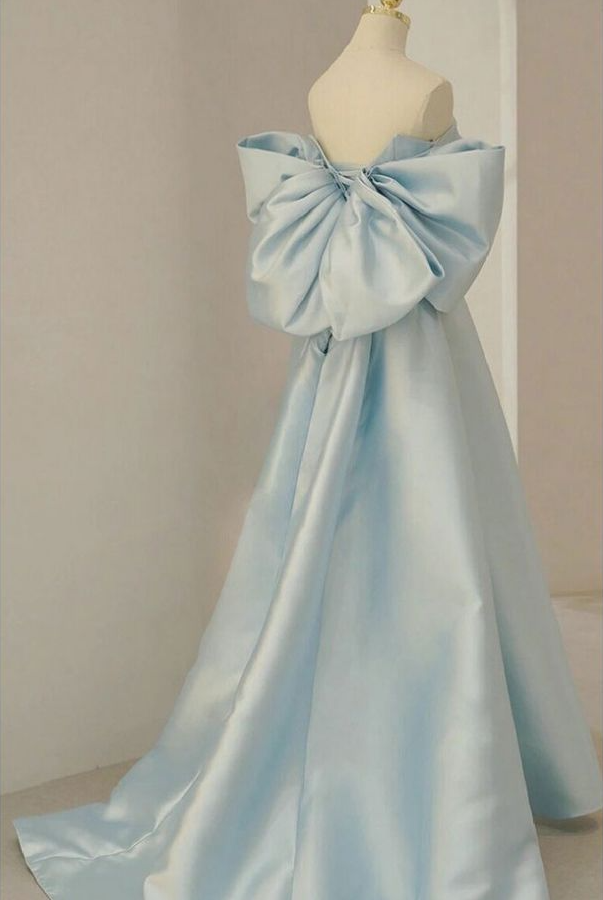 Sky Blue Long Satin Prom Dress With Big Bow In Back fg7997