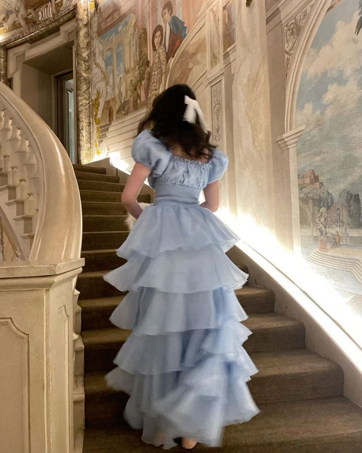 Sky Blue Tiered Skirt Prom Dress Puff Short Sleeves Formal Party Evening Gown fg7259