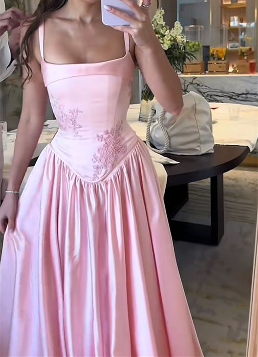 Elegant Pink Satin A-Line Long Evening Dress Birthday Outfit fg7252
