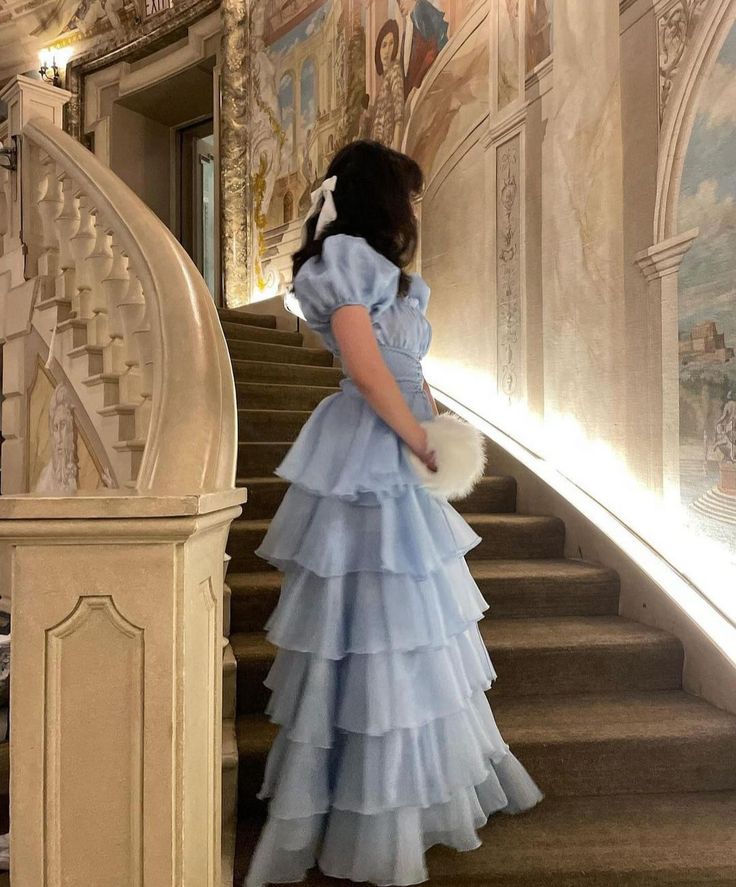 Sky Blue Tiered Skirt Prom Dress Puff Short Sleeves Formal Party Evening Gown fg7259