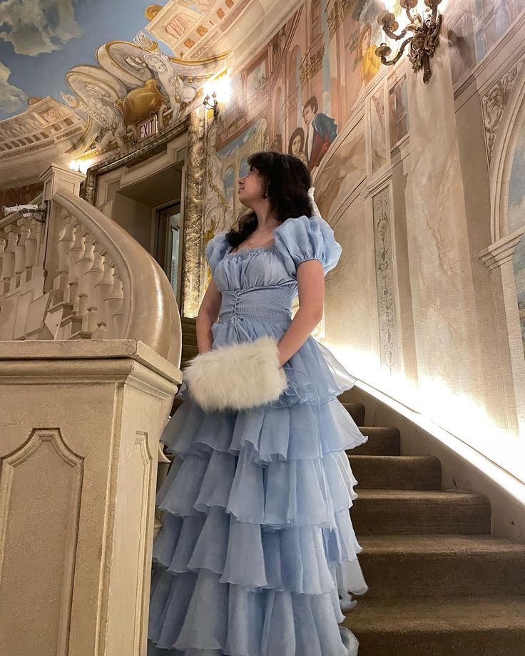 Sky Blue Tiered Skirt Prom Dress Puff Short Sleeves Formal Party Evening Gown fg7259