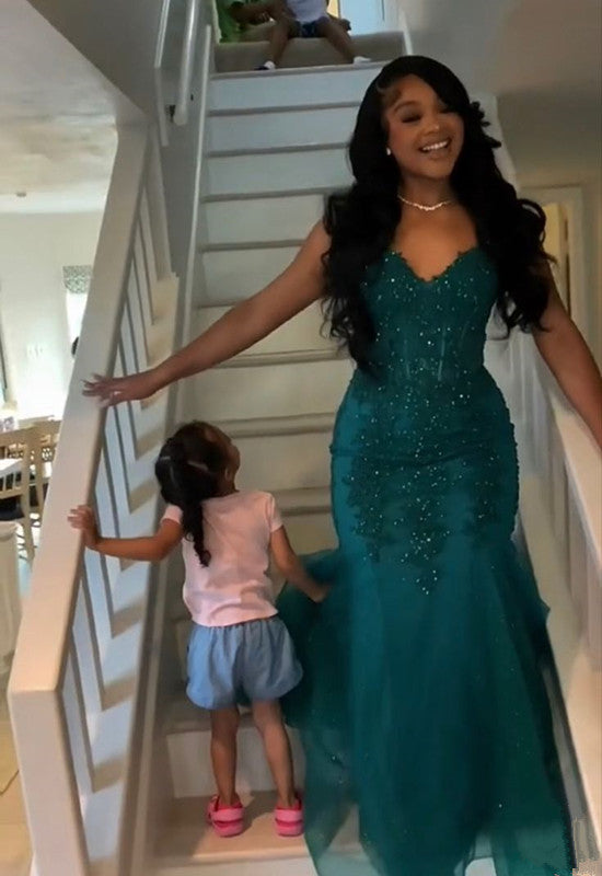 Dark Green Mermaid Tulle Lace Prom Dress Winter Formal Gown fg4863