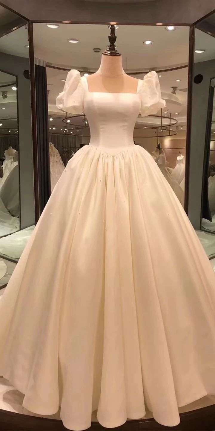 Spauare Neckline Bubble Sleeves Satin Wedding Dresses, Vintage Bridal Gown fg7274