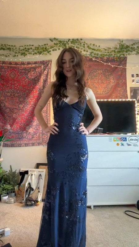 Navy blue vintage prom dress mermaid evening gown fg7298